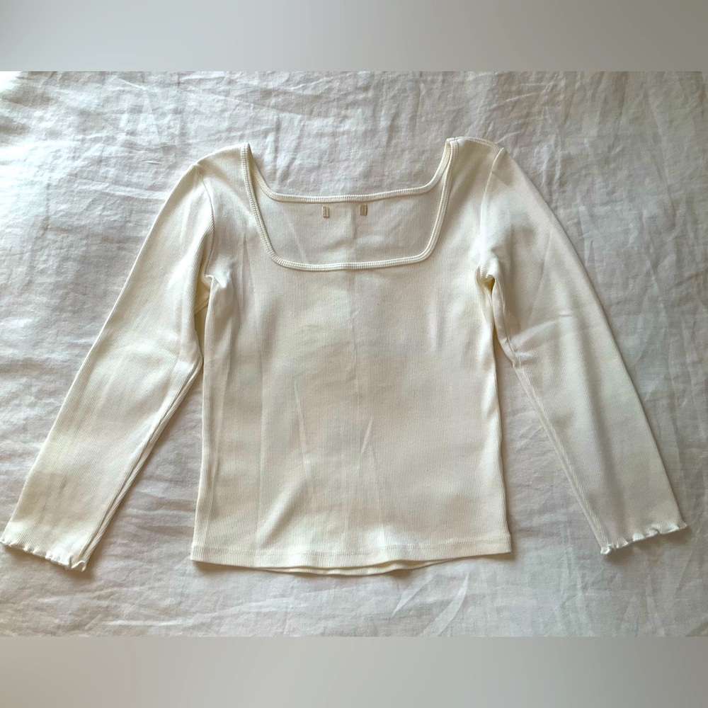 New 3/4 sleeve white cotton top, small, square neck, lettuce hem, ribbed cotton